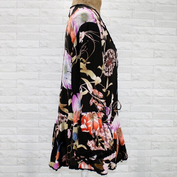 KNOX ROSE Top Jacket Open Front Tie Floral Ruffle Peplum Swimsuit Cover Black XL - Picture 4 of 13